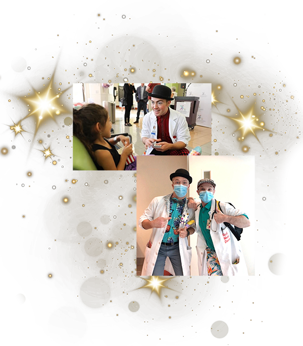 Magician Ryne Strom performing at children's hospitals with Healthy Humor Red Nose Docs